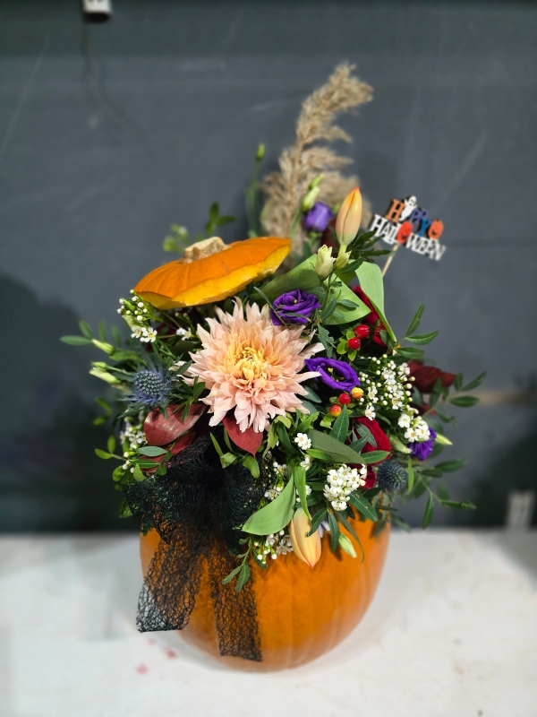 Florist pumpkin arrangement made with fresh flowers and foliages by florist in Bromley, Kent, UK for delivery in South London and BR postcodes