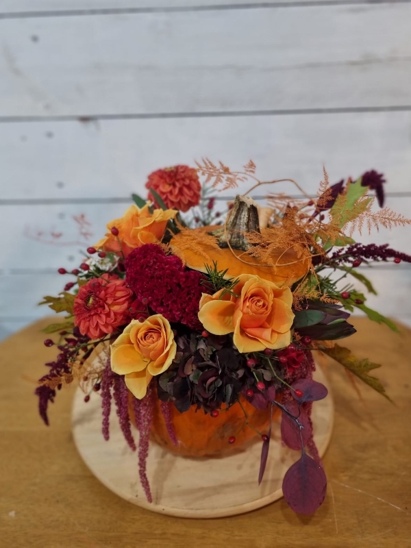 Florist pumpkin arrangement made with fresh flowers and foliages by florist in Bromley, Kent, UK for delivery in South London and BR postcodes