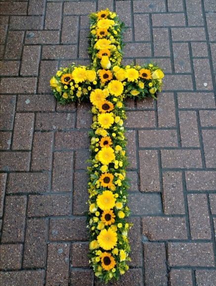 funeral flowers cross with mixed flowers