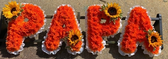 sprayed funeral letters made by florist in Bromley for free delivery in BR1 BR2 BR3 BR4 BR% BR6 BR7 BR8 SE25 SW16 SE3 SE6 SE9 TN16 CR0 CR2 CR3 CR5 CR6 CR7