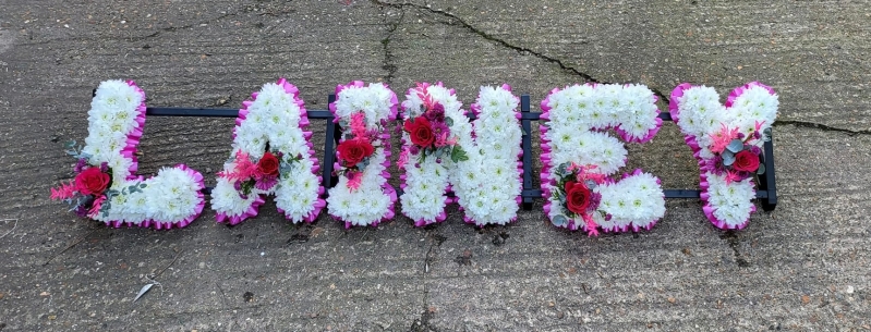 Chrysanthemum based, massed funeral letters/ wordings made by local florist in Hayes, Bromley delivering to Bromley, Beckenham, Croydon, West Wickham, Orpington, Chislehurst, Biggin Hill, Petts Wood, Bickley, Crystal Palace, Thornton Heath, South Norwood, Addiscombe, East Croydon, South Croydon,