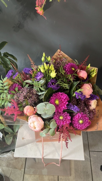 Stunning seasonal bouquet to include summer Dahlias made by florist in Hayes, Bromley for flowers delivery in BR1 BR2 BR3 BR4 BR5 BR6 BR7 BR8 TN16 CR0 CR2 CR6 CR8 CR9 SE25 SE12 SE6 SE3 
