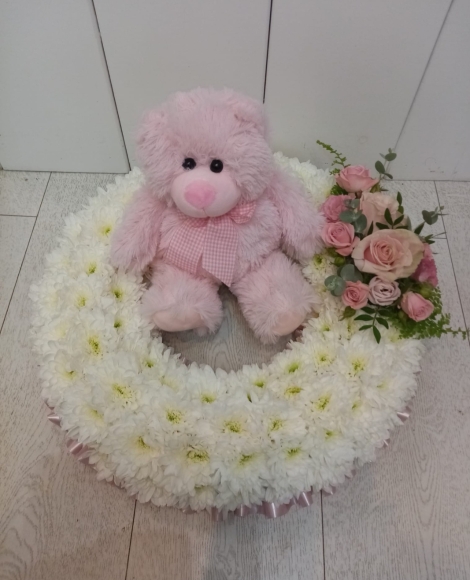 baby girl funeral wreath with pink teddy
