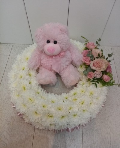 baby girl funeral wreath with pink teddy