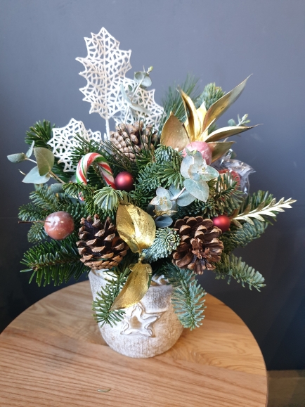 Christmas arrangement with Christmas decorations hand made by florist in Hayes, Bromley.