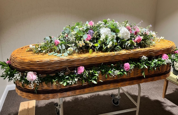 Cottage garden coffin spray and garland made by florist in Bromley 