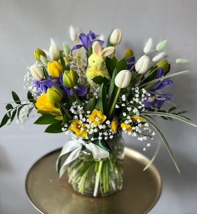 Yellow double tulips and iris and pussy willow vase. With hanging bunny decoration.  Lovely spring gift.  vase included. Made by florist near me in Bromley for same day delivery in BR2 BR1 BR3 BR4 BR5 BR6 BR7 BR8 CR09 CR06 SE25 SE12 SE6 SE3