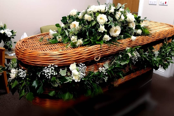 white roses coffin wicker garland with white roses wild coffin spray set