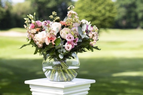 Stunning  pastel blooms posy in glass globe vase handmade by local florist in Hayes, Bromley, West Wickham, Penge, Crystal Palace, Spring Park, Elmers Ens, Selhurst, Anerley, Upper Sydenham, Langley