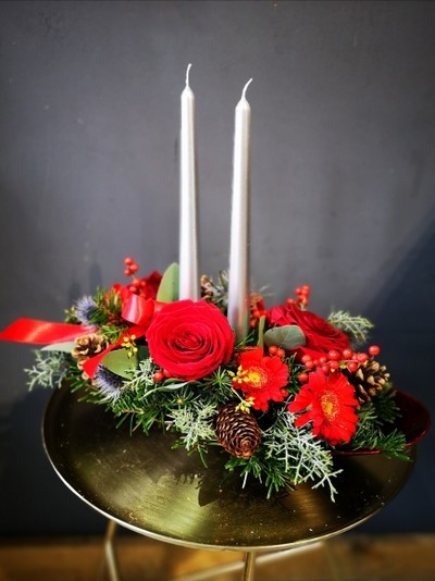 Handmade by florist in Bromley fresh flowers and pines candle centerpiece available for same day delivery in BR