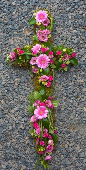 Mixed Flowers Cross on Moss