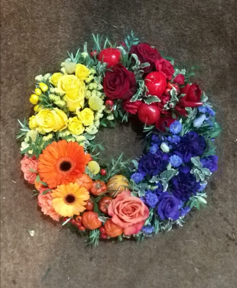 gardener's funeral wreath to include fruits and vegatable
