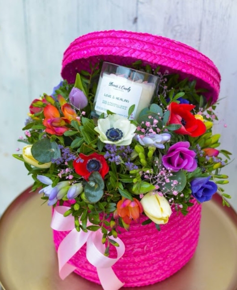 spring basket of fresh flowers with soy candle handmade by local florist in Bromley for same day delivery in BR