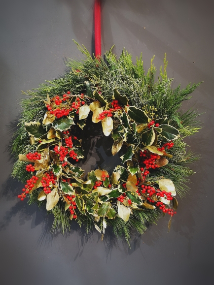 Christmas wreaths with Holly and ilex handmade by florist in Hayes, Bromley.