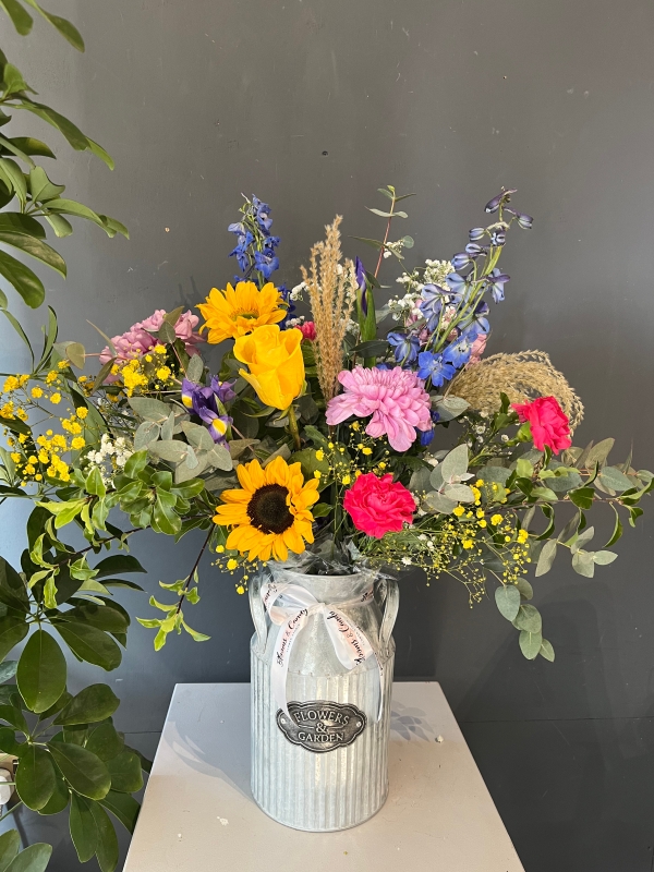 Stunning metal vase with garden flowers by florist in Bromley, Kent, UK for delivery in BR1 BR2 BR3 BR4 BR5 BR6 BR7 BR8 TN16 CR0 CR2 CR3 CR5 CR6 CR7 cr8 SE25 
