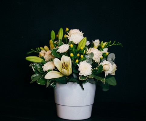 ceramic pot fresh flowers arrangement handmade by local florist in Bromley, Kent