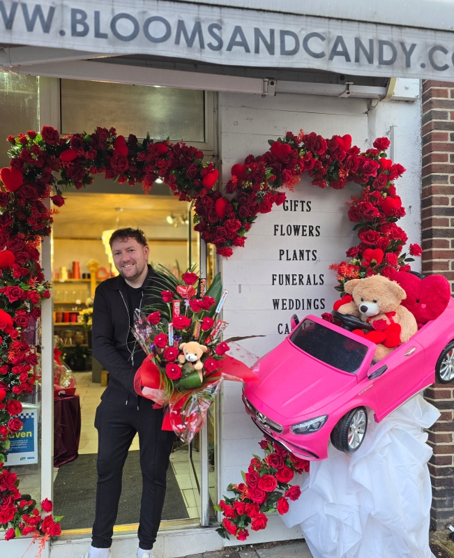 12 red roses bouquet with teddy and balloon with guaranteed Valentine’s delivery 