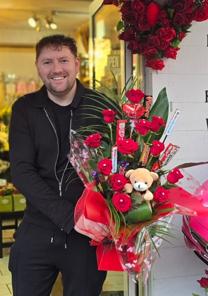 12 red roses bouquet with teddy and balloon with guaranteed Valentine’s delivery 