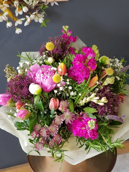 Scented summer bouquet to include Peony, Stock, Allium made by local florist in Bromley for delivery in BR West Wickham, Shirley, Keston, Beckenham, Bromley, New Beckenham, Chislehurst, Orpington, Biggin Hill, New Addington, Keston, Cony Hall, Addiscombe, Crystal Palace, South London