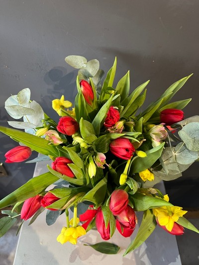 Spring love vase with red tulips made by florist in Hayes, Bromley