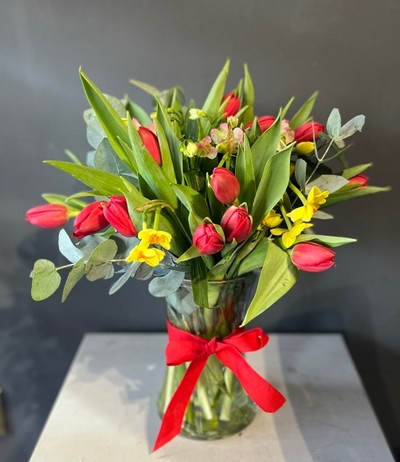 Spring love vase with red tulips made by florist in Hayes, Bromley