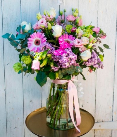 seasonal flowers to include lilac glass vase handmade by florist.in Hayes, Bromley