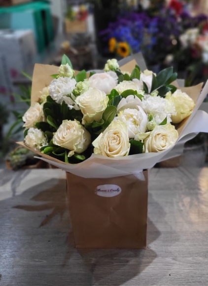Scented Peonies and white roses bouquet by Blooms and Candy florist from Hayes, Kent.