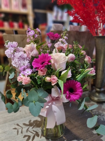 Happy base flowers in nigella vase, bright colours handmade by florist in Bromley