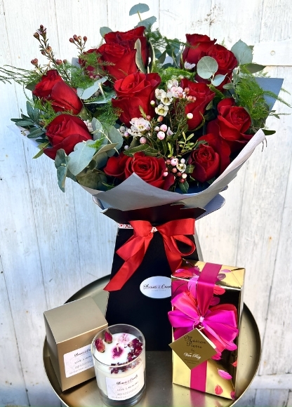 Dozen Roses Bouquet, Love & Healing Candle & Belgian Chocs