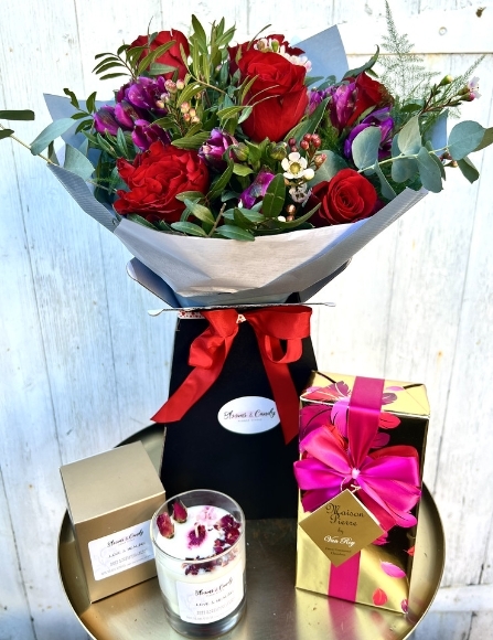 Six Roses Bouquet, Love & Healing Candle & Belgian Chocolates