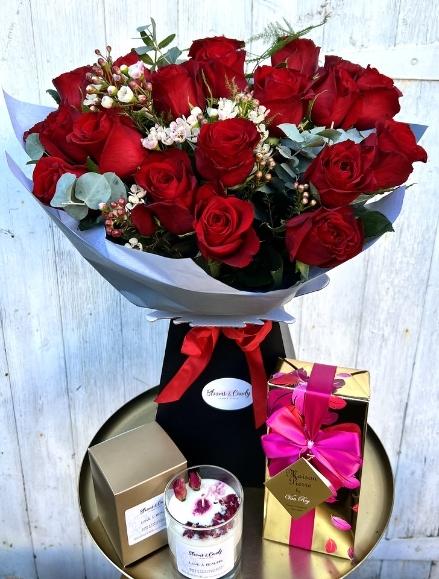 Two Dozen Roses Bouquet, Love & Healing Candle & Belgian Chocs