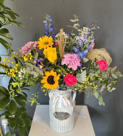 Stunning metal vase with garden flowers by florist in Bromley, Kent, UK for delivery in BR1 BR2 BR3 BR4 BR5 BR6 BR7 BR8 TN16 CR0 CR2 CR3 CR5 CR6 CR7 cr8 SE25 
