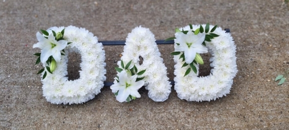 Chrysanthemum based, massed funeral letters/ wordings made by local florist in Hayes, Bromley delivering to Bromley, Beckenham, Croydon, West Wickham, Orpington, Chislehurst, Biggin Hill, Petts Wood, Bickley, Crystal Palace, Thornton Heath, South Norwood, Addiscombe, East Croydon, South Croydon,