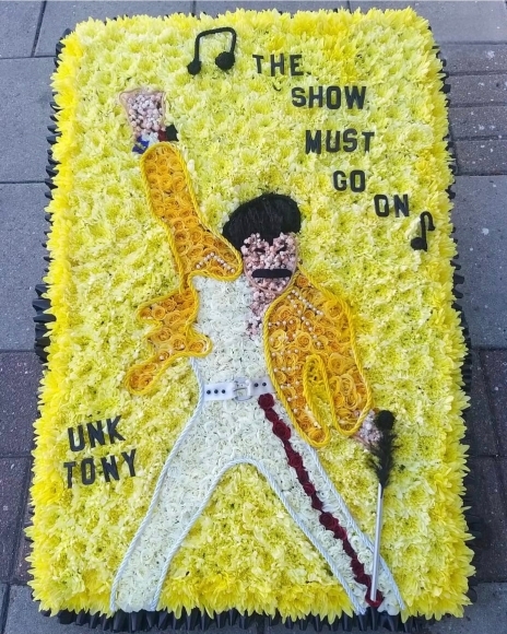 bespoke funeral flowers famous musican Freddy Mercury by Blooms and Candy Florist