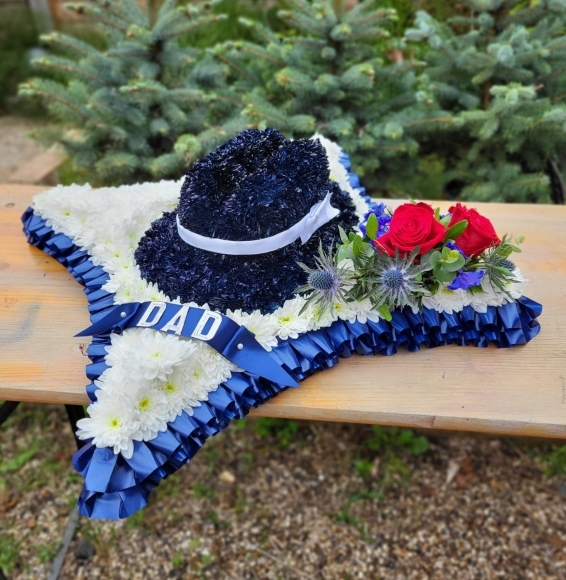 Custom made design of black hat on based cushion. Colours can be personalised.