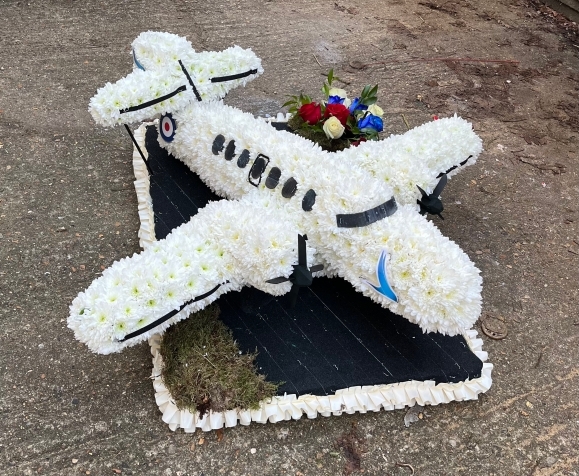 3D funeral plane, airplane, jet stream, bespoke funeral flowers model by florist in Bromley, Hayes, South London