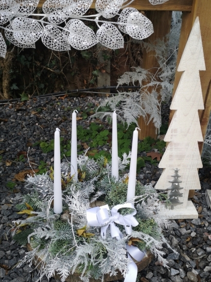 Table Candle Wreath in white handmade by local florist in Bromley