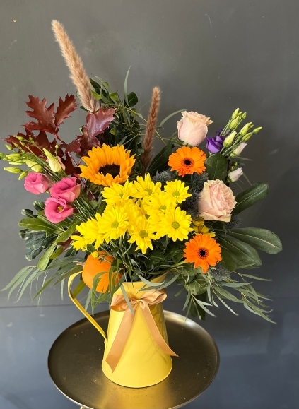 autumn fresh flowers arrangement in metal jug with sunflowers made by florist near me in Bromley for same day flower delivery in BR1 BR2 BR3 BR4 BR5 BR6 BR7 BR8 CR07 CR09 TN16 SE6 SE12 