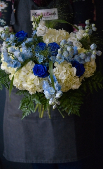 luxury hydeangea and blue roses and delphiniums bouquet made by florist in Bromley, Kent, UK