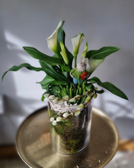 White calla Lily arrangement with succulents planted in a glass vase and decorated with felt toy Mr Rabbit.  All planter approximately 50cm tall made by florist in BromlEy, Kent