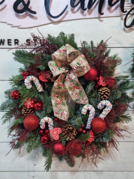 Bespoke made Christmas door wreath with Candy cane decorations 