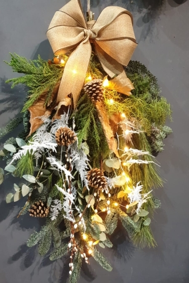 Christmas swag to be hung at the door handmade by local florist in Hayes, Bromley, Kent for delivery in BR1 BR2 BR3 BR4 BR5 BR6 BR7 BR8 SE25 CR9