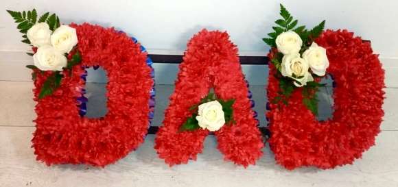 Chrysanthemum DAD letters tribute in red