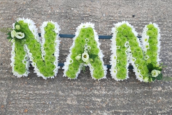 two colured bespoke funeral lettera for MUM DAD NAN GRANDMUM GRANDAD SON UNCLE SISTER GRANDMA AUNT made by funeral florist in Bromley, Kent