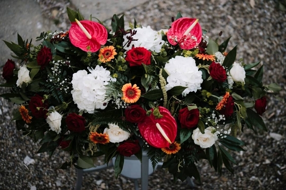 Contemporary Red, White & Orange Coffin Spray