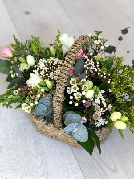 cottage garden funeral basket made with scented freesias and eucalypthus and wax by florist in Bromley for delivery in BR1 BR2 BR3 BR4 BR5 BR6 BR7 BR8 TN16 CR09 CR07 SE3 SE6 SE9 SE12