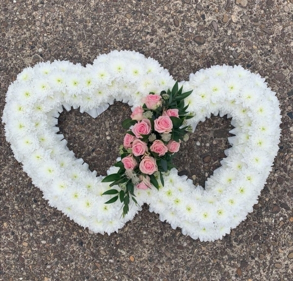 chrysanthemum based double heart funeral flowers handmade by local florist in Hayes, Bromley, Kent for funeral flowers, funeral wreath for delivery to Bromley, Beckenham Crematorium, Hither Green Cementry, Lewisham Crematorium, Bluebell Cementry