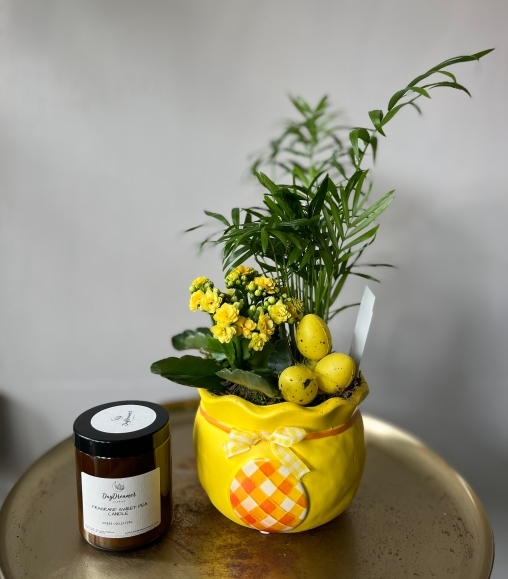 Easter ceramic pot planter with palm, kalanchoe and egg decoration and our new amber collection candle: sweet pea scent. Made by florist in Bromley, Kent for BR1 BR2 BR3 BR4 BR5 BR6 BR7 BR8 TN16 cr0 delivery areas