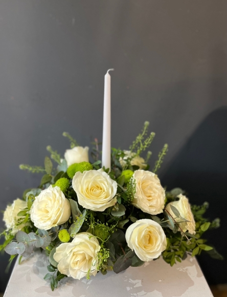 White roses candle table centerpiece made by florist in Hayes, Bromley, Kent, UK