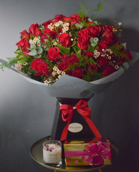Fifty Roses Bouquet, Love & Healing Candle & Belgian Chocs